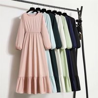 Women Long Dresses Spring Summer Full Sleeve O-neck Casual Solid Chiffon Dress Muslim Dress Bohemian Maxi Dresses