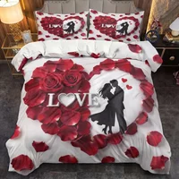3 Piece Set Romantic Couple Love Valentine's Day Print Quilt Set,Including 1 Duvet Cover and 2 Pillowcases(excluding Padding)