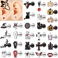 ZS 1 PC 16G Hallowmas Stainless Steel Lip Studs Zircon Stud Earrings Bat Ghost Cat Labret Helix Conch Piercings Halloween Gifts