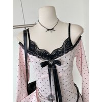 Korean Style Sweet Fashion Y2K 2 Piece Set Women Vintage Design Polka Dot Tops + Lace Black Strap Dresses Harajuku Party Outfits