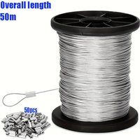 50m/196ft Stainless Steel Wire Rope with 50 Aluminum Crimps, 7x7 Strand Core 304 Cable for Outdoor Hanging, Clotheslines, Garden