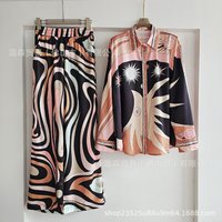Baroque French Loose Fashion Printed Silk Satin Simulation Long Sleeve Shirt Wide Leg Pant Sets Two Piece Casual Suit for Women
