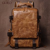 GURO Men's Genuine Leather Backpack Top Cowhide Outdoor Travel Bag Luxury Trendy Student School Bag Business Laptop Computer Bag