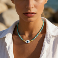 Bohemian Blue Crystal Beads Necklace Evil Eye Pendant Beaded Clavicle Choker for Women Luxury Summer Boho Jewelry Gifts
