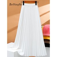 Beiyingni White Pleated Skirt Women Spring Summer 2025 Korean Elastic Waist Luxury Long Midi Skirts Ladies Elegant Plain Faldas