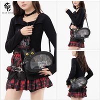 Black Gothic Cat Shaped Ita Bag, PU Leather Crossbody Purse with Yellow Eyes for Anime Pins Display & Streetwear