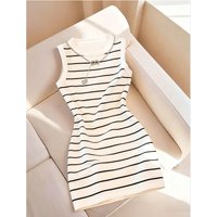 Women's Striped Sleeveless Mini Dress Round Neck Slim Fit Ribbed Knit Casual Tank Bodycon Dress