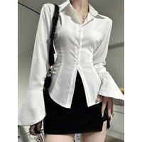 Women's Fashionable and Versatile Work-Casual Solid Color Long-Sleeved Shirt with Back Tie and Buttons on the Front