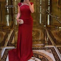 Prom Dress 2026 Red Mermaid Cap Sleeve Rhinestone Neck Ruched Waist Long Train Formal Evening Party Maxi Gown Customized