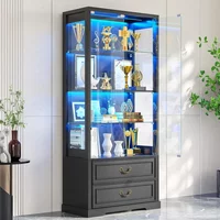 Display Cabinet with Glass Doors and 2 Drawers, Adjustable Glass Height, Curio Cabinet with 3 LED Lights and Human Body