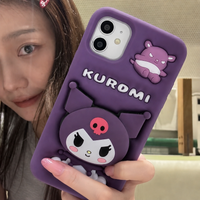 Lovely Cartoon Kuromi Phone Case For iPhone 17 16 15 14 13 12 11 Pro Max Plus 17 Pro Head Grip Tok Holder Silicone Phone Cases