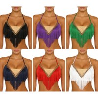 Womens Belly Dance Crop Top Lace-up Halter Tassel And Gold Trim Fringed Camisole Dance Sling Top for Rave Halloween Party