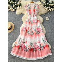 French Women's Elegant Floral Print Dress Summer Sleeveless Lace Trim Ruffle Tiered Long Dress Beach Party Vacation Lady Dresses