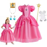 Peach Princess Dress Girls Rose Red Lace Cosplay Dress Kids Vestidos Party Dresses Carnival Halloween Costume for 3-11 years