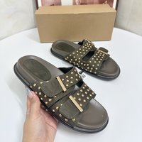 Women Summer Sandals Fashion 2026 New Slide Slipper Rivet Decor Suede Leather Double Buckle Strap Open Toe Casual Beach Footwear