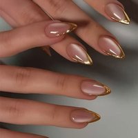 24pcs Almond-Shaped 3D Gel Nail ,Handmade Gold French Stiletto Press-On Nail Tips, Medium Size, Perfect Fit For Acrylic Nail Set