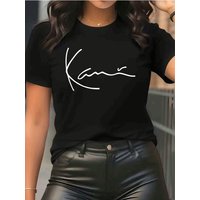 Women's Casual Short-Sleeve T-Shirt with Artistic Calligraphy Print Soft Stretch Round Neck Machine Washable Trendy Shirt