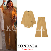 KONDALA Casual Chic Yellow Women Pants Suit V-Neck Lace-up Loose Top Long Strawing Pants Fashion 2026 Summer Holiday Beach Suit