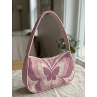 Trendy Pink Butterfly Print Shoulder Bag, Pink Corduroy Underarm Bag for Daily Casual Use