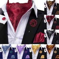 Hi-Tie 4pcs Mens Ascot With Brroch Black Blue Red Gold Purple Paisley Cravat Tie Hanky Cufflinks for Wedding Business Prom Gift