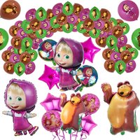 Masha And The Bear Birthday Party Decorations Balloons Kit Number Balloon Set Tableware Plates Cups Napkins Masha Party Supplies