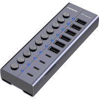 FIDECO 10 Ports USB3.2 10Gbps Hub Multiple Splitter with Individual Switch Indicator Light USB Splitter High Speed Data Transfer