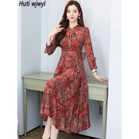 Spring Autumn Red Floral Ruffled Collar Midi Dress Women Long Sleeve Bodycon Party Dress 2024 Elegant Casual Evening Maxi Dress