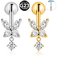 ASTM F136 G23 Titanium Butterfly Drop Labret Threadless Piercing Insect CZ Pin Push in Lip Stud Daith Conch Earring 16G 18G 20G
