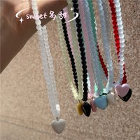 Trendy Resin Heart Pendant Candy Color Glass Beaded Chain Necklace For Women Girl Clavicle Chain Charms Jewelry Accessories Gift