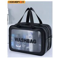 HOMEFISH Large capacity transparent dry wet separation double-layer wash bag frosted PU travel portable handheld storage bag
