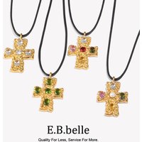 Colorful Beat Pattern Cross Black Rope Necklace Water Resistant 316L Stainless Steel Decoration 18K Gold Plated Jewelry
