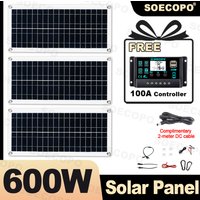 SOECOPO 600W Portable Solar Panel Set 3*200W Solar Panel with Free 100A Controller USB 5V Perfect Camping Photovoltaic Phone