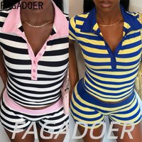 FAGADOER Fashion Striped Pattern Shorts Two Piece Sets 2026 Women Casual Color Patchwork Button Crop Top + Bodycon Shorts Suits