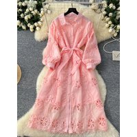 Heavy Embroidery Hollow out Hook Flower Single Button Lantern Sve Dr Women's High Waist Fairy Long Skirt Korean Sle C...