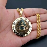 Ancient Egyptian Eye Pattern & Hieroglyphic Stainless Steel Pendant Necklace for Men, Retro Style Talisman Chain