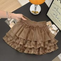 American Retro Brown Puff Cake Skirt Women Spring/Autumn New Sweet Girl Ballet Style High-Waist A-Line Flounced Edge Midi Skirts