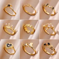 Gold Color Stainless Steel Ring for Women Exquisite Zircon Crown Heart Anillos Opening Adjustable Ring Jewelry Wedding Gift New