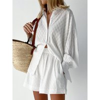 New in Summer Women's Suit with Shorts Shirt White Two-piece Suit Female Long Sleeve Tops Oversize 2 Piece Sets Womens Outfits