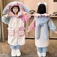 Sanrio My Melody Cartoon Pajama Sets Kawaii Girls Cinnamoroll Hooded Coral Fleece Kids Robe Pants 2Pcs New Winter Warm Anime Hou