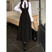 Chic Elegant Dress Sets Women Fashion All-match Solid Slim Bow Basic Shirts Ladies Sweet Waisted Sleeveless Low Cut Sundress New