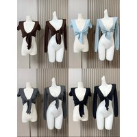 Dolami 2026 New Long Sleeve Knitted Loose Neckless Pure Versatile Belted Short Sleeve Open Cardigan Top for Women Spring Season