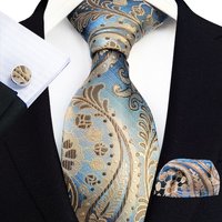 Blue Gold Floral Neck Tie For Men Luxury 8cm Wide Wed Business Ties Pocket Square Cufflinks Set Men Accessories Gravata