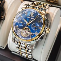 OLEVS Herrenuhren, automatische mechanische Business-Armbanduhr, wasserdichte Edelstahlarmbanduhr für Herren, Skelettkalender