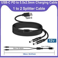 12V 3A USB C to DC Splitter Cable Type-C PD to Dual DC 5.5x2.1mm Power Supply Cord, for Outdoor, Studio and Travel Charging