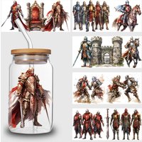 5 Sheets Medieval Knights UV DTF Mug Stickers, Glass DTF Transfer Stickers, Waterproof Wipe Transfer Paper for 16oz Glass, Mug