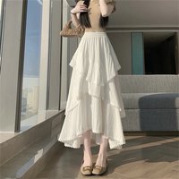 White Irregular Lace Trim Long Skirt Half-length Women Spring Summer Super Beautiful White Cake Design Fairy Skirt Korean Style