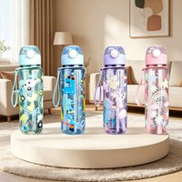 700ML Transparent Water Bottle Full Printed Cartoon Dinosaur Car Rainbow Ocean, Leakproof Reusable Stylish Cup for Juice Water