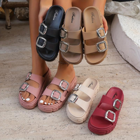 Summer Beach Slides Women's Fashion Thick Sole Sandals,Adjustable Strap Flip Flops,Leather Metal Ankle Buckle Strap