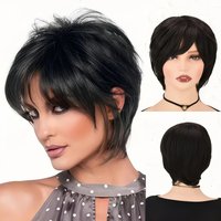 Black short curly wig with bangs, Women's heat-resistant natural gloss synthesis, 70s appearance synthetic wig