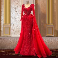 Red Prom Dresses Mermaid Long Sleeves Appliques Beaded Long Dubai Saudi Arabia Prom Gown Evening Robe De Soiree Haute Customized